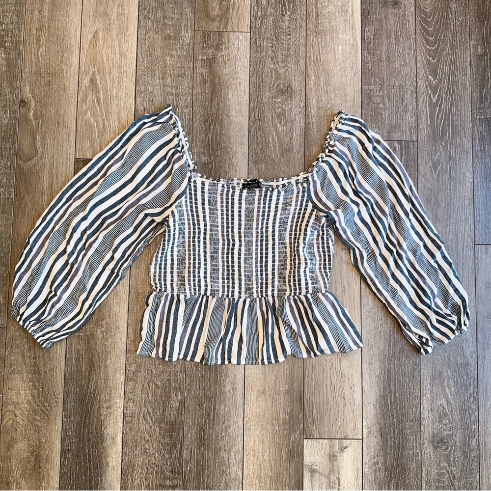 American Eagle Smocked Quarter Sleeve Square Crop Top Peplum Blue/White Stripes